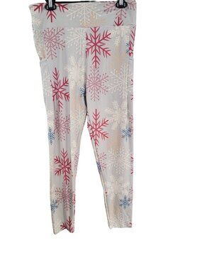 Snowflake Print Leggings Gray/Red/White Women's Large/XL Stretchy & Comfortable